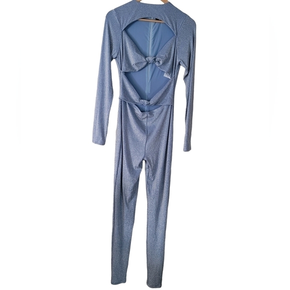 NAKED WARDROBE Glow On Long Sleeve Cut-out Knotted Metallic Sparkle Jumpsuit XL - Picture 3 of 14